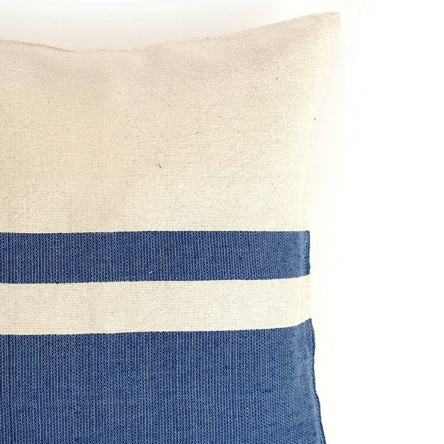 Woven Block Pillow Case - Natural with Blue