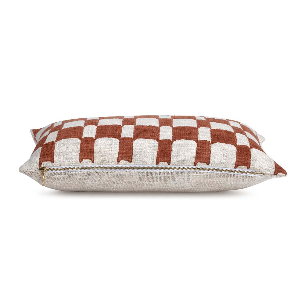 Checkered Block Printed Pillow - Rust